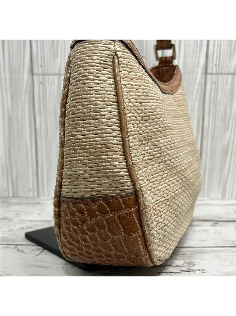 Liz Claiborne Boho Y2K Woven Straw Shoulder Bag Beige with Brown Faux Croc Trim